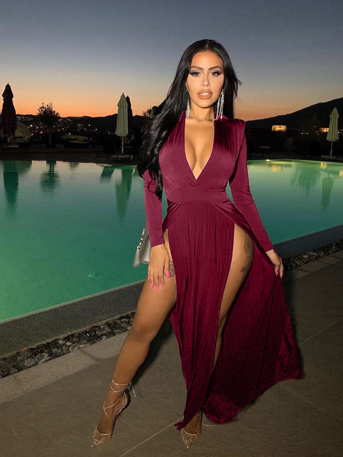 Slit Plunge Long Sleeve Dress - store name